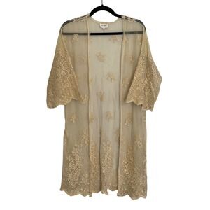 Cream Floral Embroidered Sheer Mesh Kimono Cardigan Boho Romantic Coquette